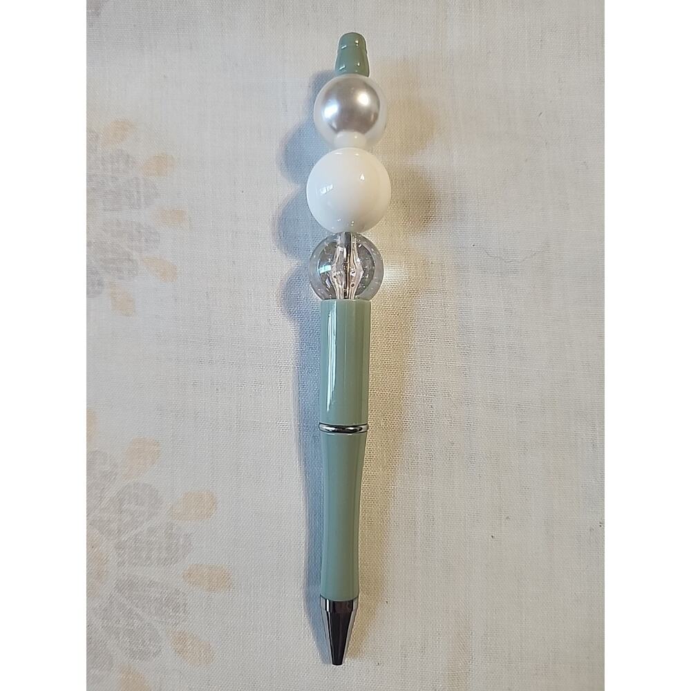 Bead Pen Olive Green Pen Pearl, White, Clear Specked Beads